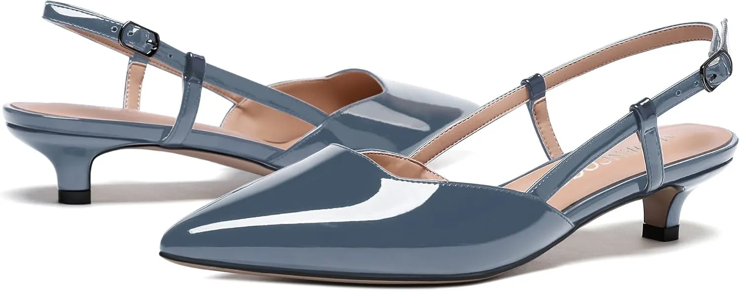 MODENCOCO Women's Patent Leather Ankle Strap Slingback Pointed Toe Kitten Low Heel Pumps Business Office Work Dress Shoes 1.5 Inch