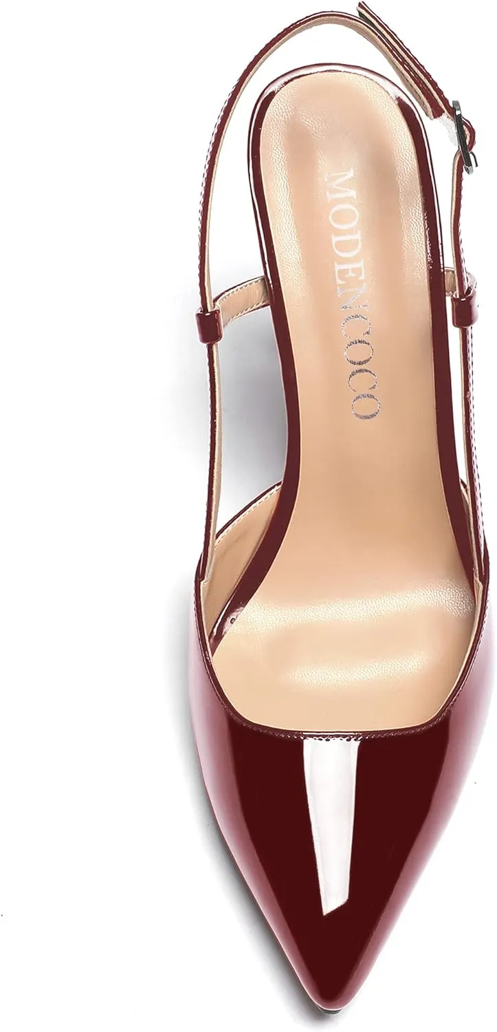 MODENCOCO Women's Patent Leather Ankle Strap Slingback Pointed Toe Kitten Low Heel Pumps Business Office Work Dress Shoes 1.5 Inch