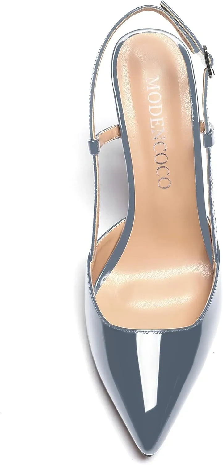 MODENCOCO Women's Patent Leather Ankle Strap Slingback Pointed Toe Kitten Low Heel Pumps Business Office Work Dress Shoes 1.5 Inch