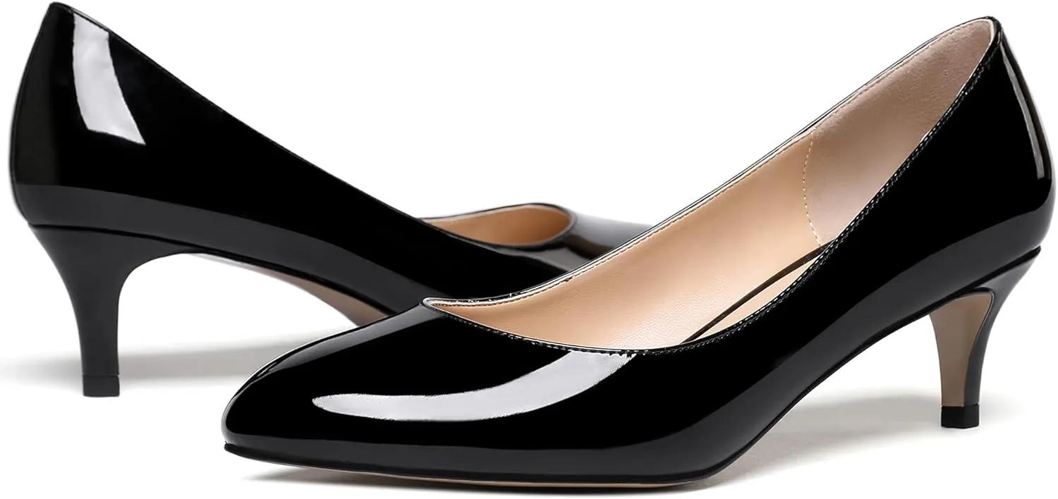 MODENCOCO Women's Round Toe Slip On Patent Leather Kitten Low Heel Pumps Shoes for Business Office Work 2 Inch
