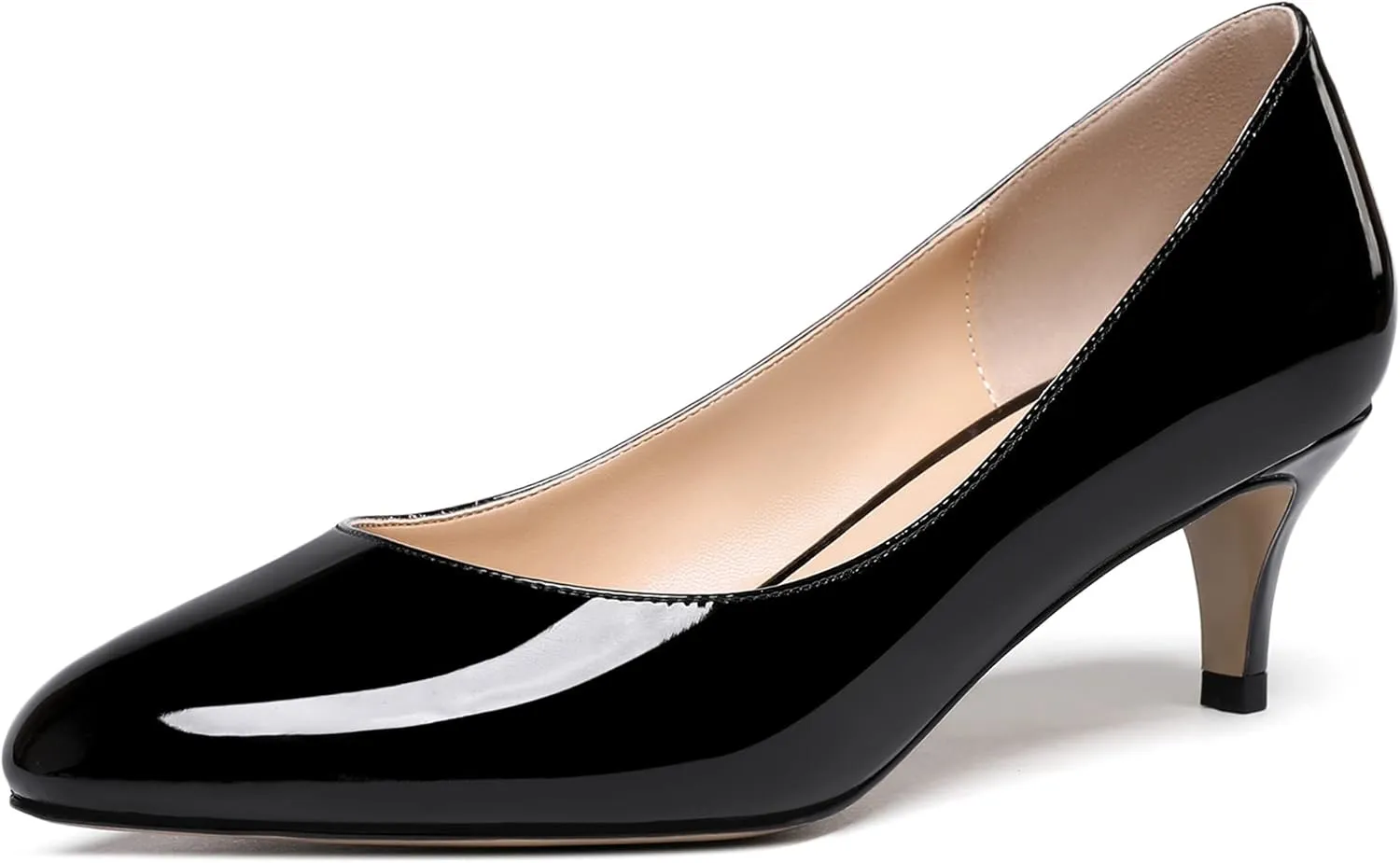 MODENCOCO Women's Round Toe Slip On Patent Leather Kitten Low Heel Pumps Shoes for Business Office Work 2 Inch