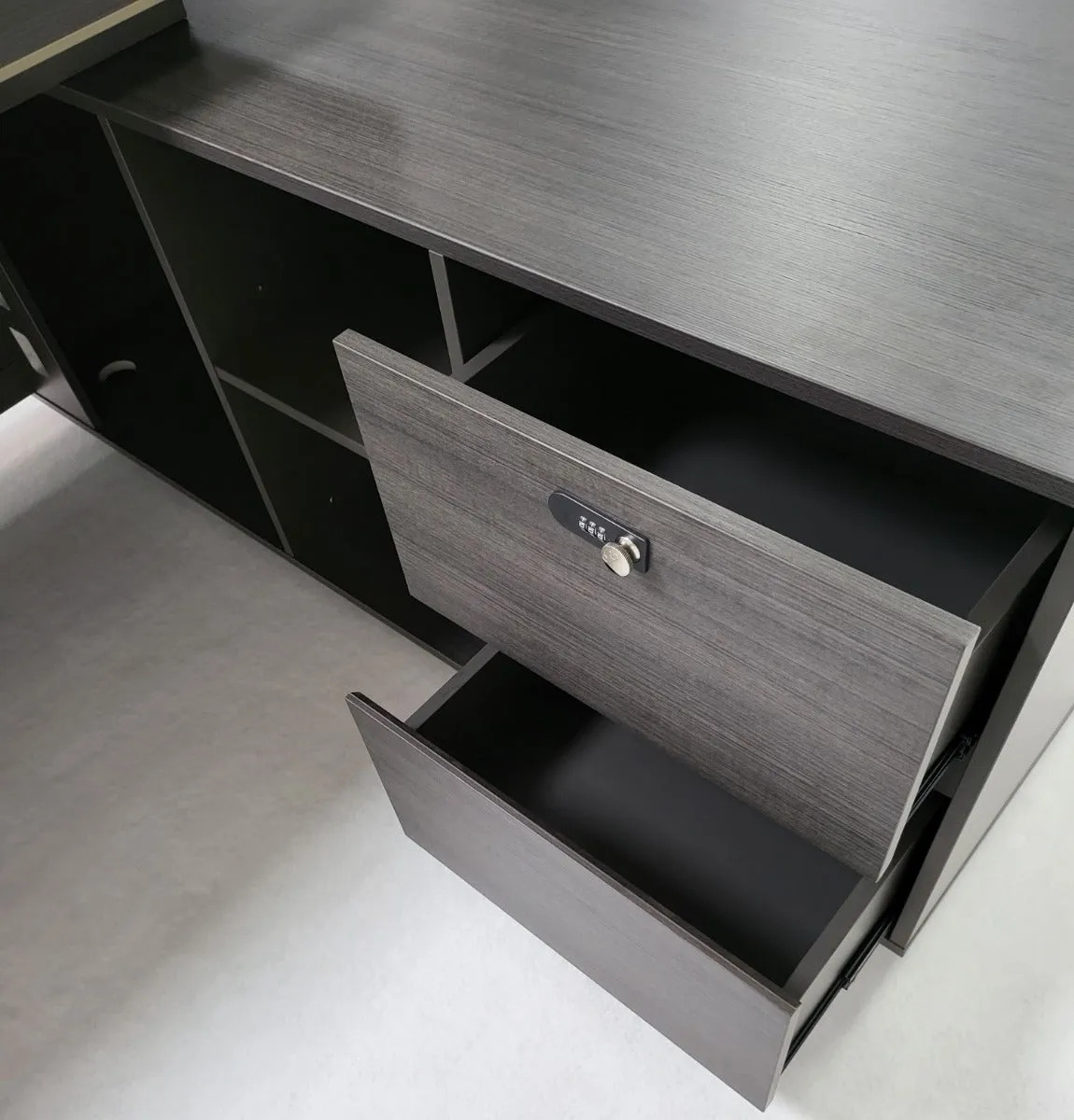 Modern Grey Oak Corner Executive Office Desk with Built in Storage - 2000mm - BWJ-HD03