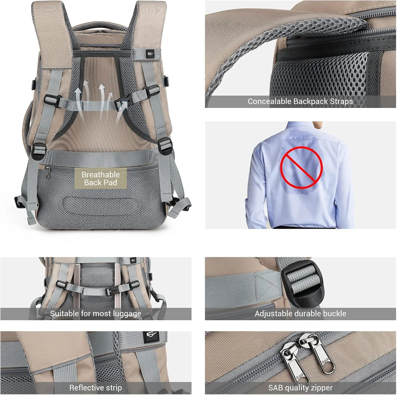MOLNIA 50L Expandable Travel Backpack for Women Men, Carry On Travel Essentials, Flight Approved Fits 21 Inch Laptop Backpack, Waterproof Business Suitcase Weekender Backpack, Beige