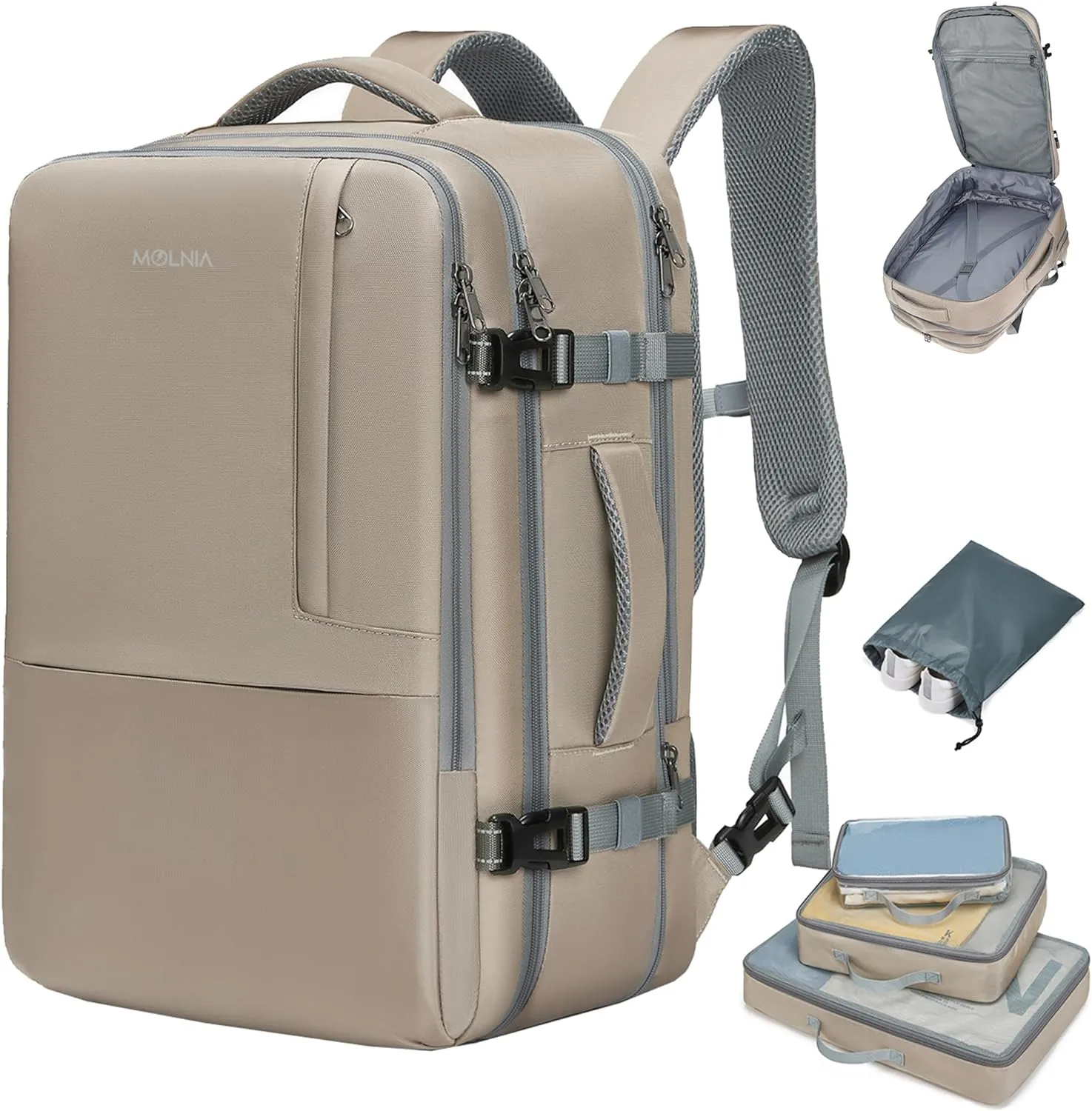 MOLNIA 50L Expandable Travel Backpack for Women Men, Carry On Travel Essentials, Flight Approved Fits 21 Inch Laptop Backpack, Waterproof Business Suitcase Weekender Backpack, Beige
