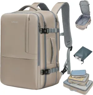MOLNIA 50L Expandable Travel Backpack for Women Men, Carry On Travel Essentials, Flight Approved Fits 21 Inch Laptop Backpack, Waterproof Business Suitcase Weekender Backpack, Beige