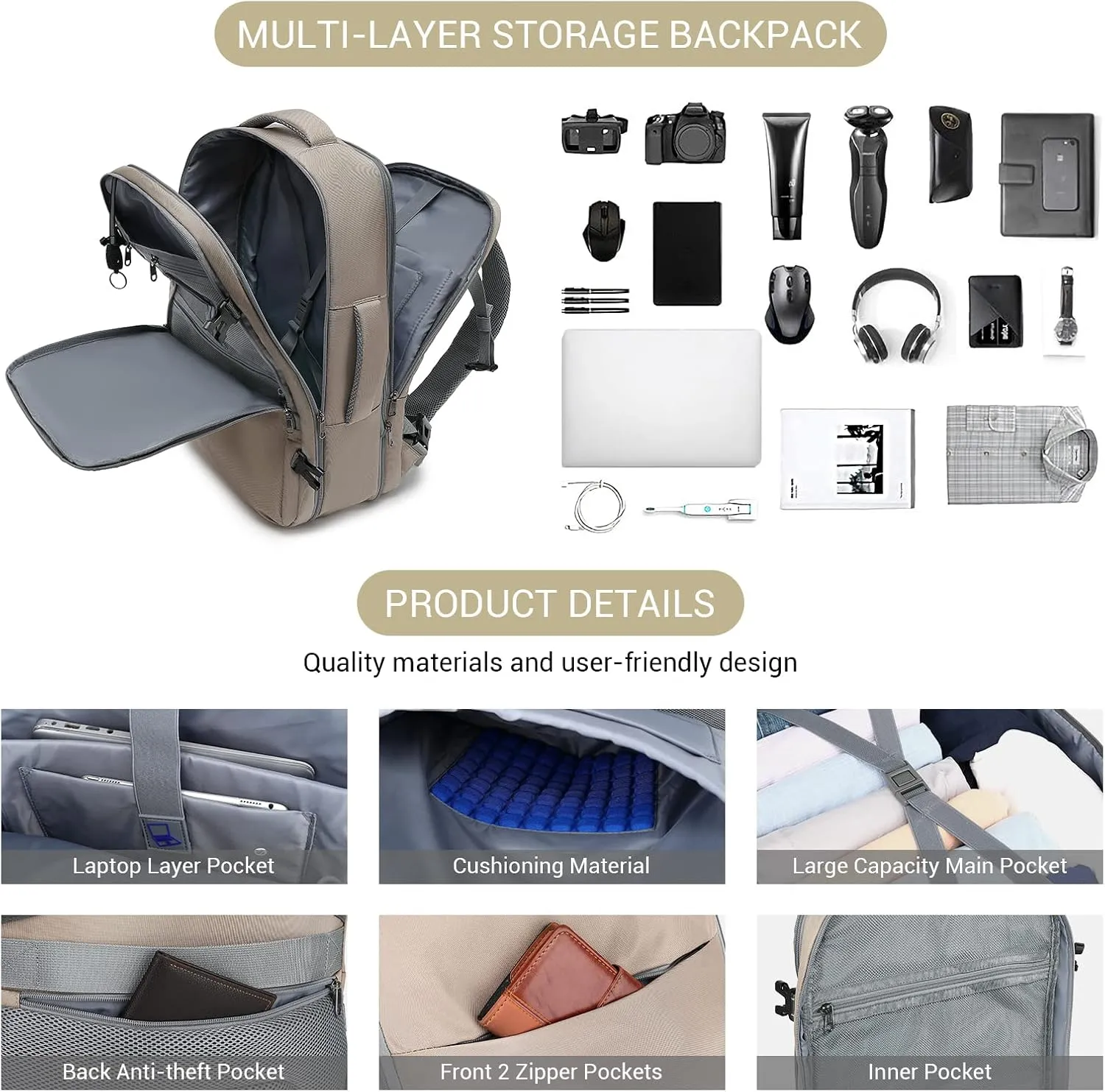 MOLNIA 50L Expandable Travel Backpack for Women Men, Carry On Travel Essentials, Flight Approved Fits 21 Inch Laptop Backpack, Waterproof Business Suitcase Weekender Backpack, Beige