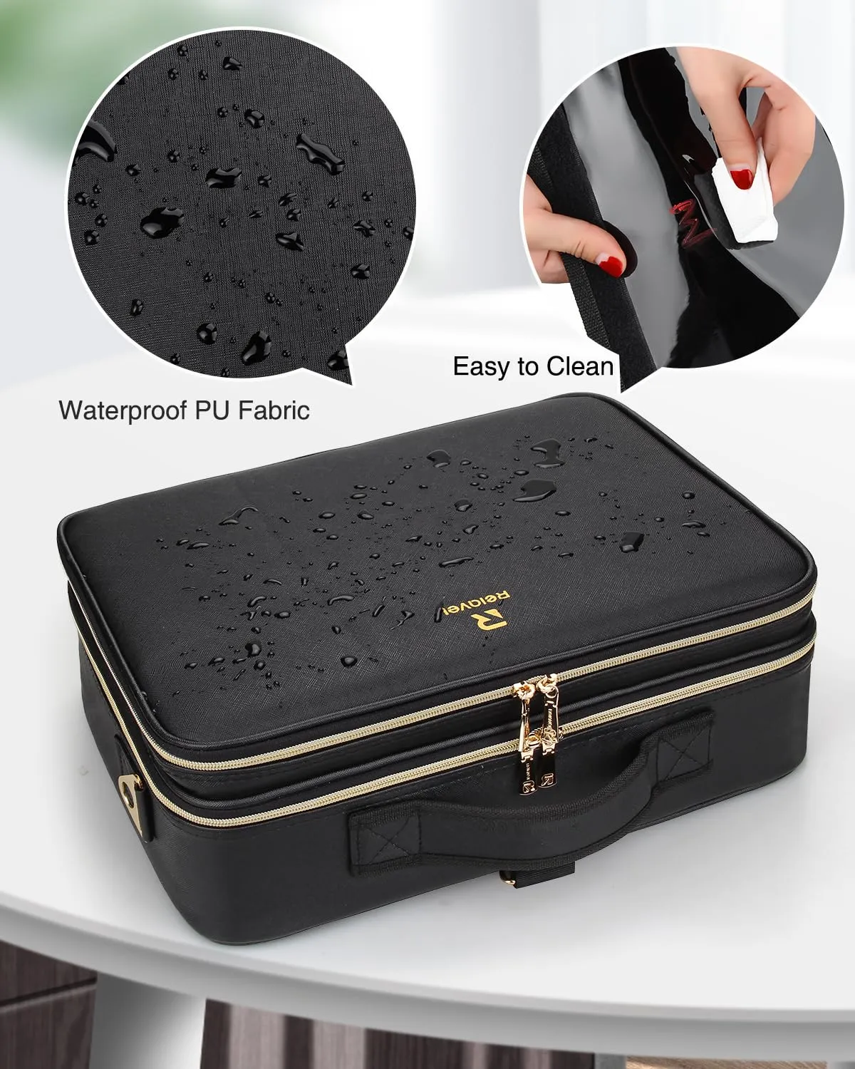 MONSTINA Large Makeup Travel Case Bag,Professional Makeup Artist Train Case with Brush organizer,Large Capacity Cosmetic Bag with Zipper Pocket and Adjustable Compartment（PU Leather Black）
