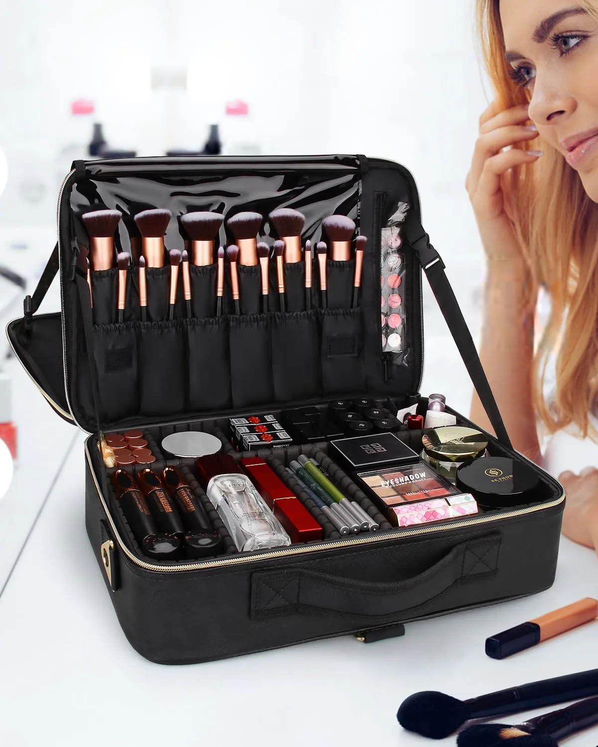 MONSTINA Large Makeup Travel Case Bag,Professional Makeup Artist Train Case with Brush organizer,Large Capacity Cosmetic Bag with Zipper Pocket and Adjustable Compartment（PU Leather Black）