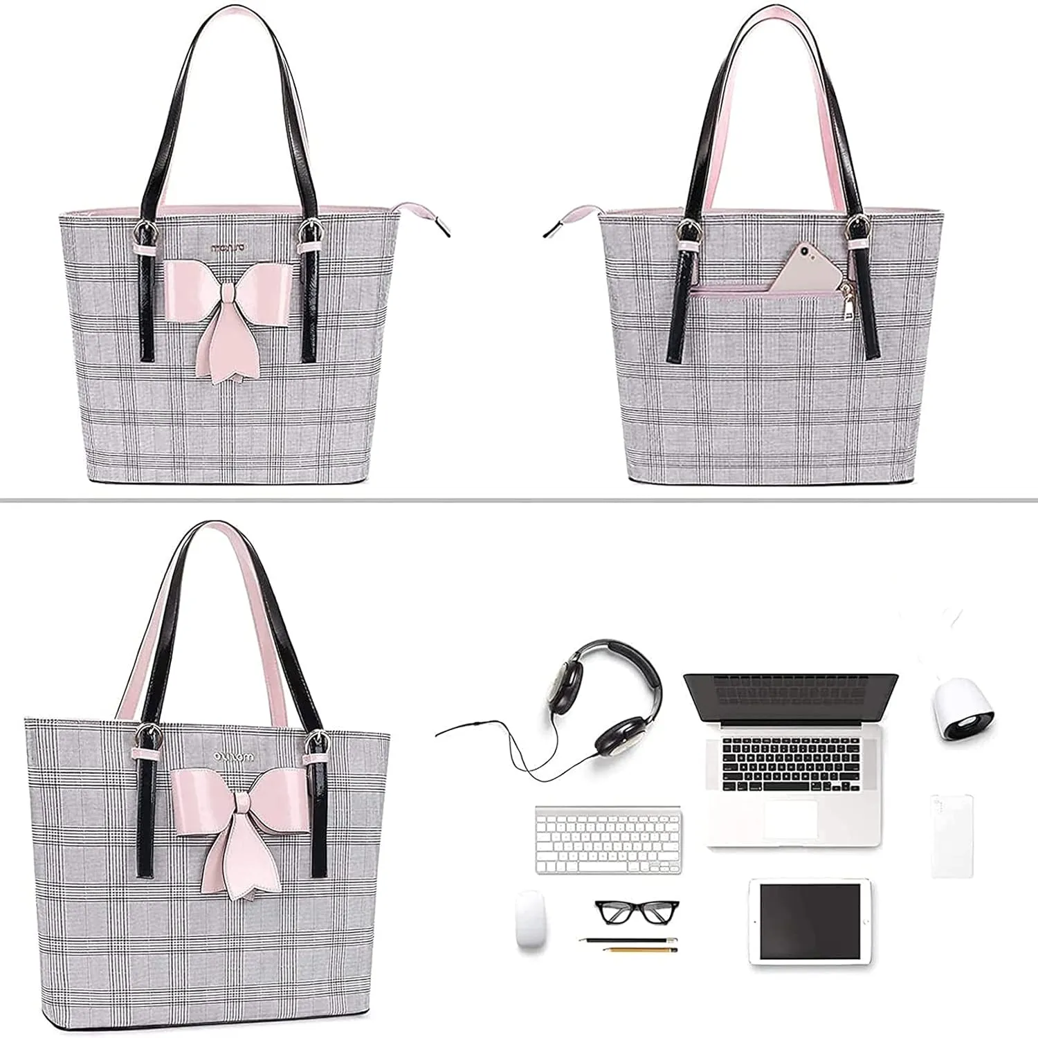 MOSISO Laptop Tote Bag Compatible with MacBook Air 15 inch M3 A3114 M2 A2941/Pro 16 inch 2025-2019,15-15.6 inch Notebook, PU Leather Large Capacity Work Bag Travel Handbag with Grid MO-GID002LTBR