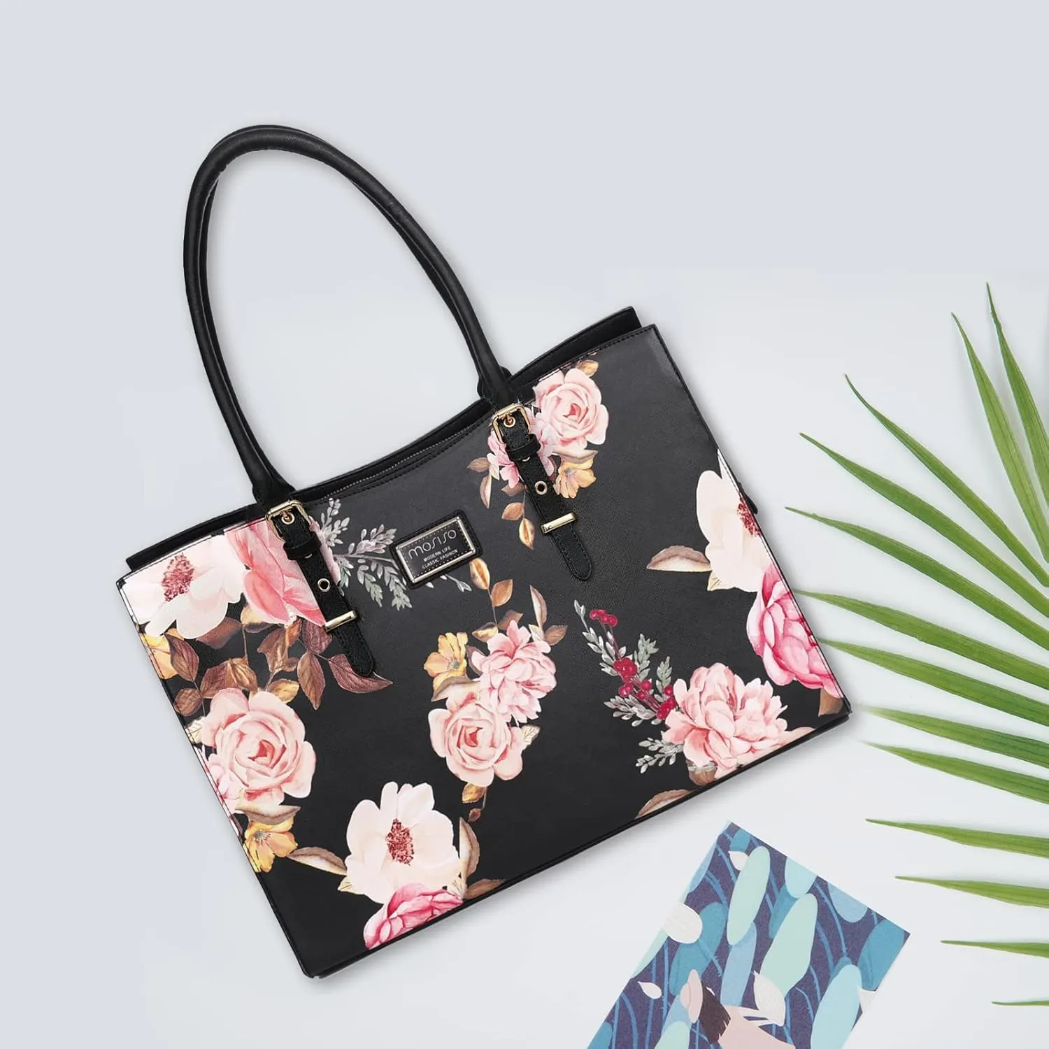 MOSISO Laptop Tote Bag Compatible with MacBook Air 15 inch M3 M2/Pro 16 M4 M3 M2 M1 & 15-15.6 inch Notebook, Peony Waterproof PU Leather Travel Work Briefcase with Adjustable PU Handle, Black