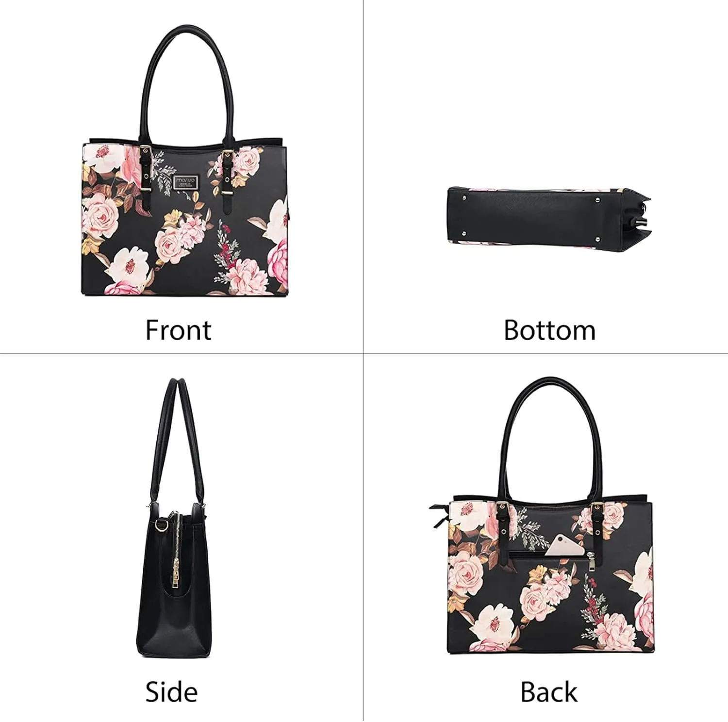 MOSISO Laptop Tote Bag Compatible with MacBook Air 15 inch M3 M2/Pro 16 M4 M3 M2 M1 & 15-15.6 inch Notebook, Peony Waterproof PU Leather Travel Work Briefcase with Adjustable PU Handle, Black