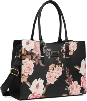 MOSISO Laptop Tote Bag Compatible with MacBook Air 15 inch M3 M2/Pro 16 M4 M3 M2 M1 & 15-15.6 inch Notebook, Peony Waterproof PU Leather Travel Work Briefcase with Adjustable PU Handle, Black