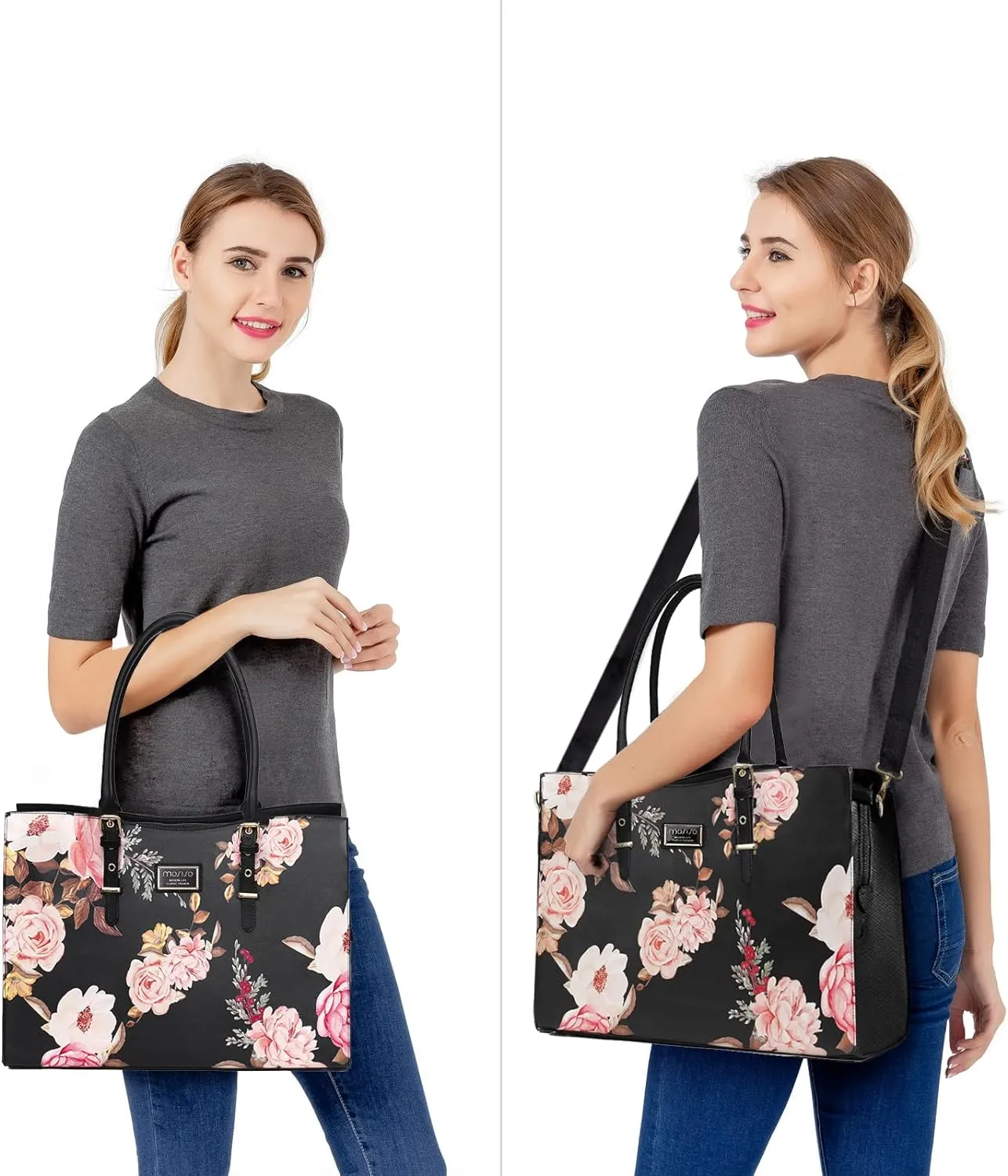 MOSISO Laptop Tote Bag Compatible with MacBook Air 15 inch M3 M2/Pro 16 M4 M3 M2 M1 & 15-15.6 inch Notebook, Peony Waterproof PU Leather Travel Work Briefcase with Adjustable PU Handle, Black