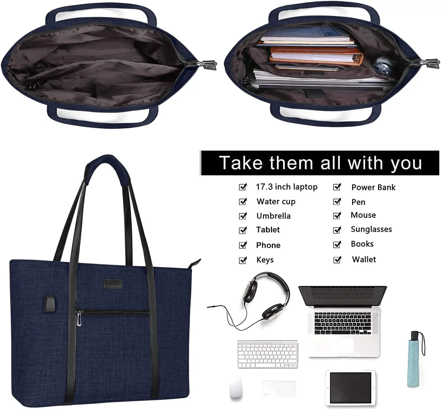 MOSISO USB Port Laptop Tote Bag for Women,Compatible with MacBook, 17-17.3 inch Notebook and Chromebook, Work Travel Business Computer Bag with Small Purse, Navy Blue