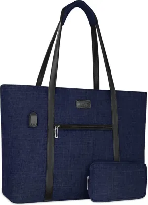 MOSISO USB Port Laptop Tote Bag for Women,Compatible with MacBook, 17-17.3 inch Notebook and Chromebook, Work Travel Business Computer Bag with Small Purse, Navy Blue