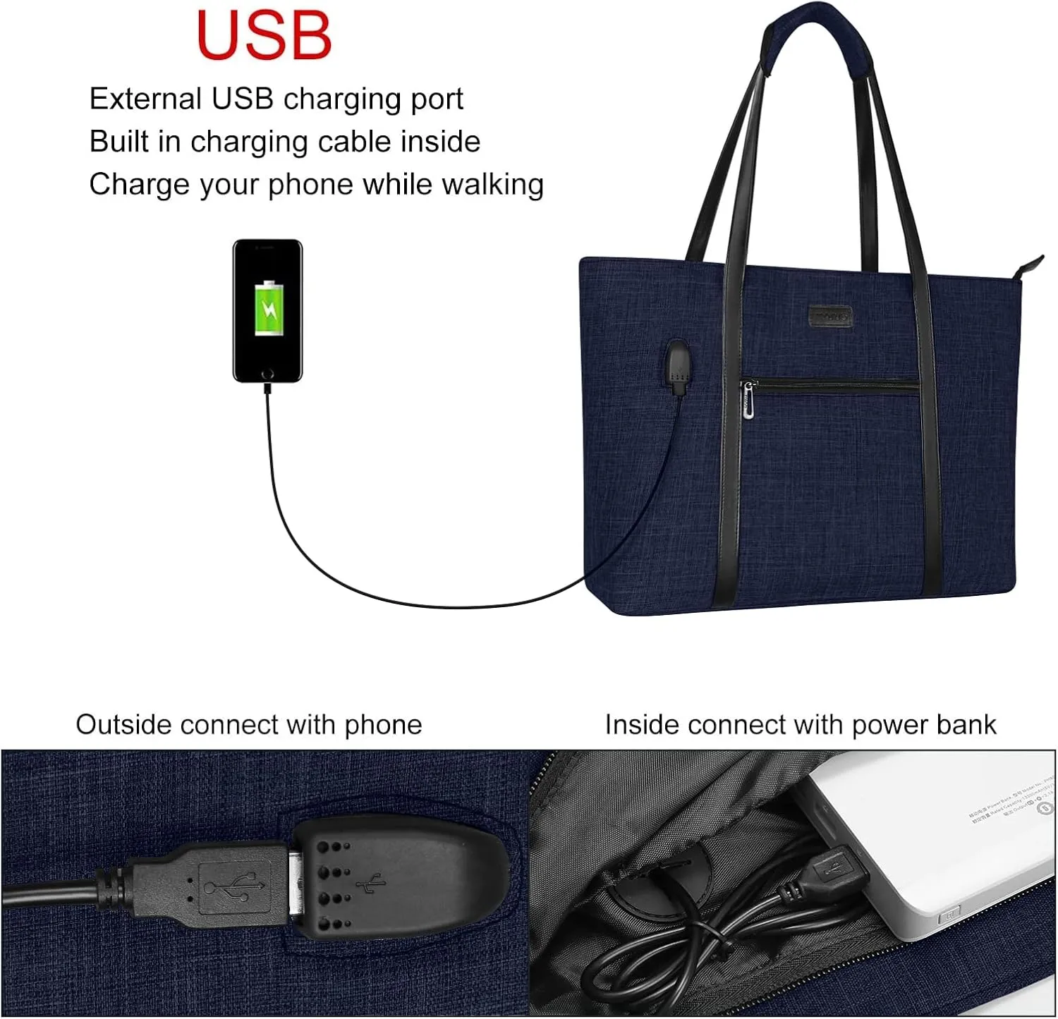 MOSISO USB Port Laptop Tote Bag for Women,Compatible with MacBook, 17-17.3 inch Notebook and Chromebook, Work Travel Business Computer Bag with Small Purse, Navy Blue