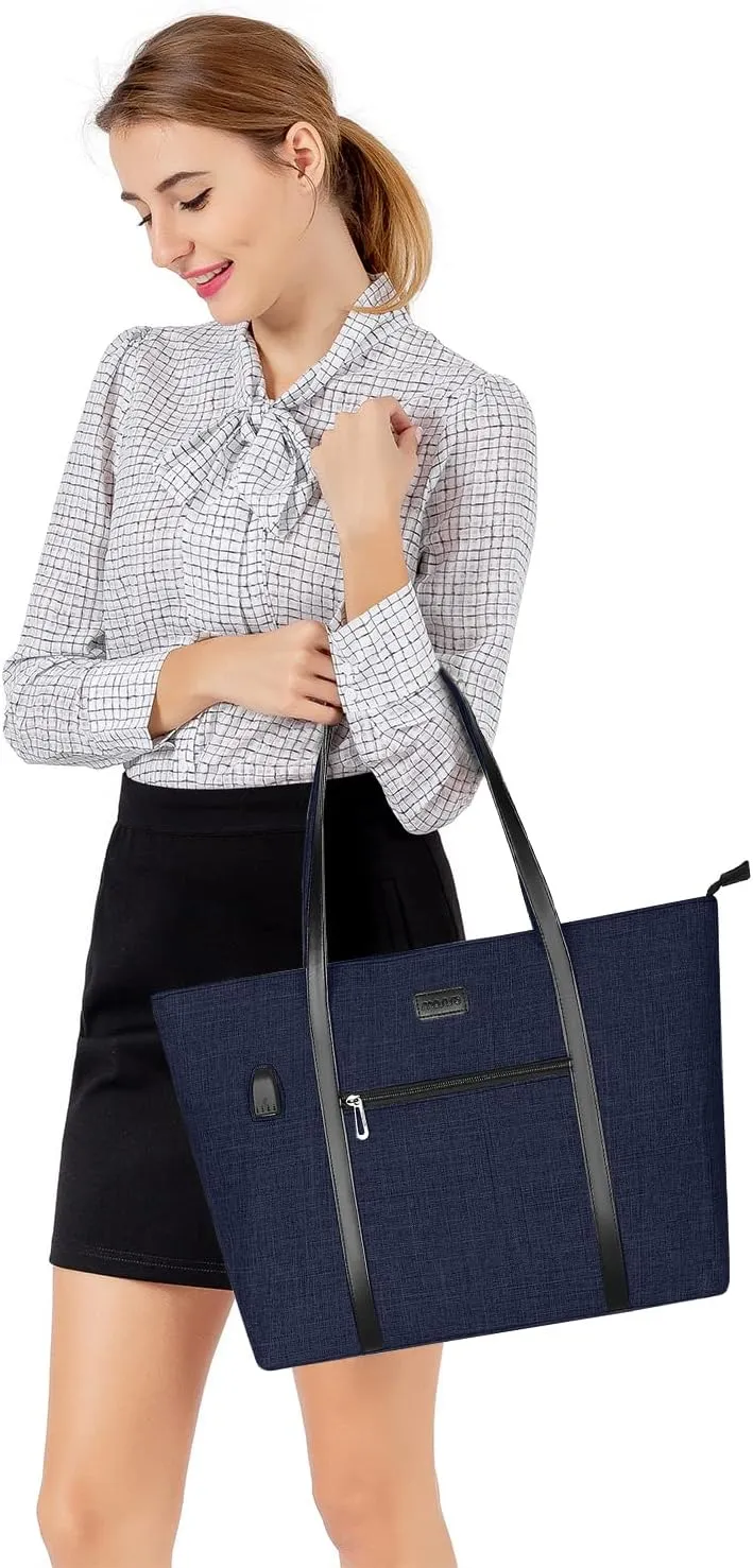 MOSISO USB Port Laptop Tote Bag for Women,Compatible with MacBook, 17-17.3 inch Notebook and Chromebook, Work Travel Business Computer Bag with Small Purse, Navy Blue