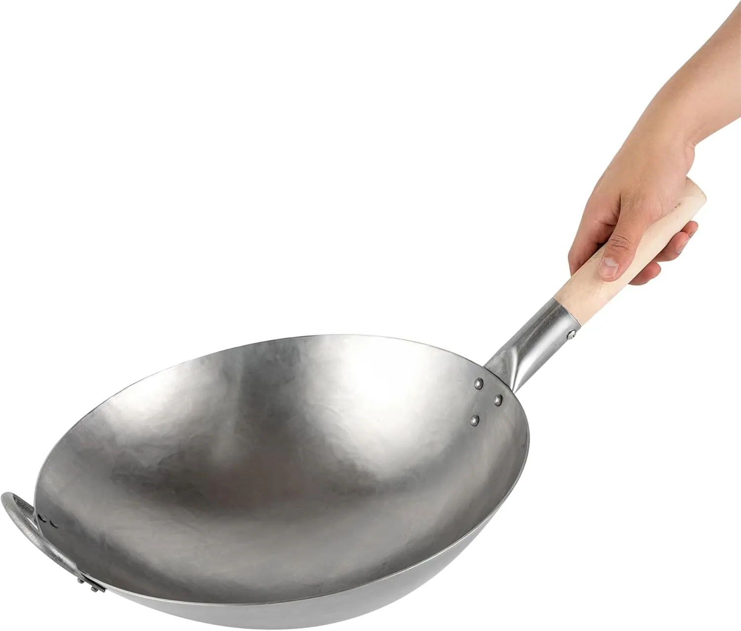 Motomori 14 Inch Hand-Hammered Carbon Steel Wok, 1 Traditional Japanese Wok - Round Bottom, Wooden Handle, Black Carbon Steel Traditional Stir Fry Pan, With Helper Handle - Restaurantware
