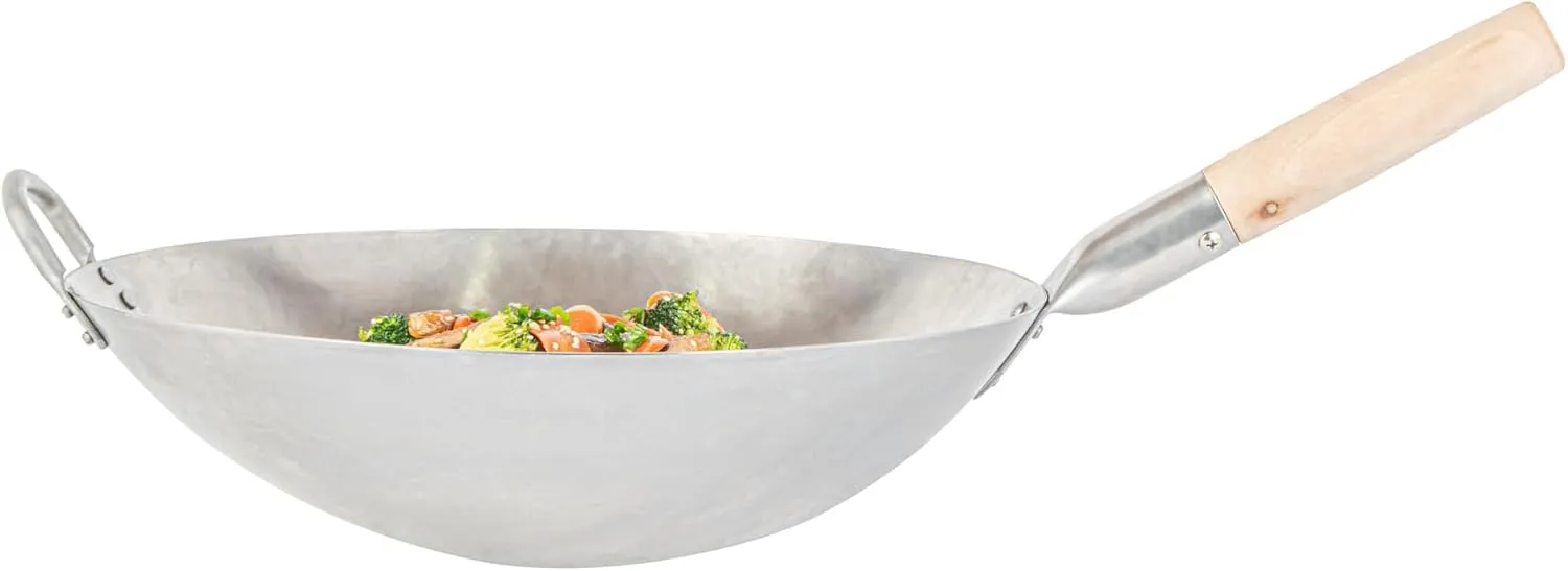 Motomori 14 Inch Hand-Hammered Carbon Steel Wok, 1 Traditional Japanese Wok - Round Bottom, Wooden Handle, Black Carbon Steel Traditional Stir Fry Pan, With Helper Handle - Restaurantware