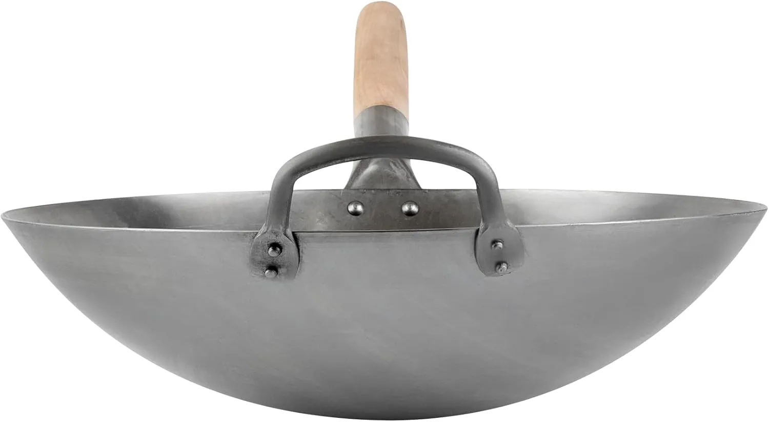 Motomori 14 Inch Hand-Hammered Carbon Steel Wok, 1 Traditional Japanese Wok - Round Bottom, Wooden Handle, Black Carbon Steel Traditional Stir Fry Pan, With Helper Handle - Restaurantware