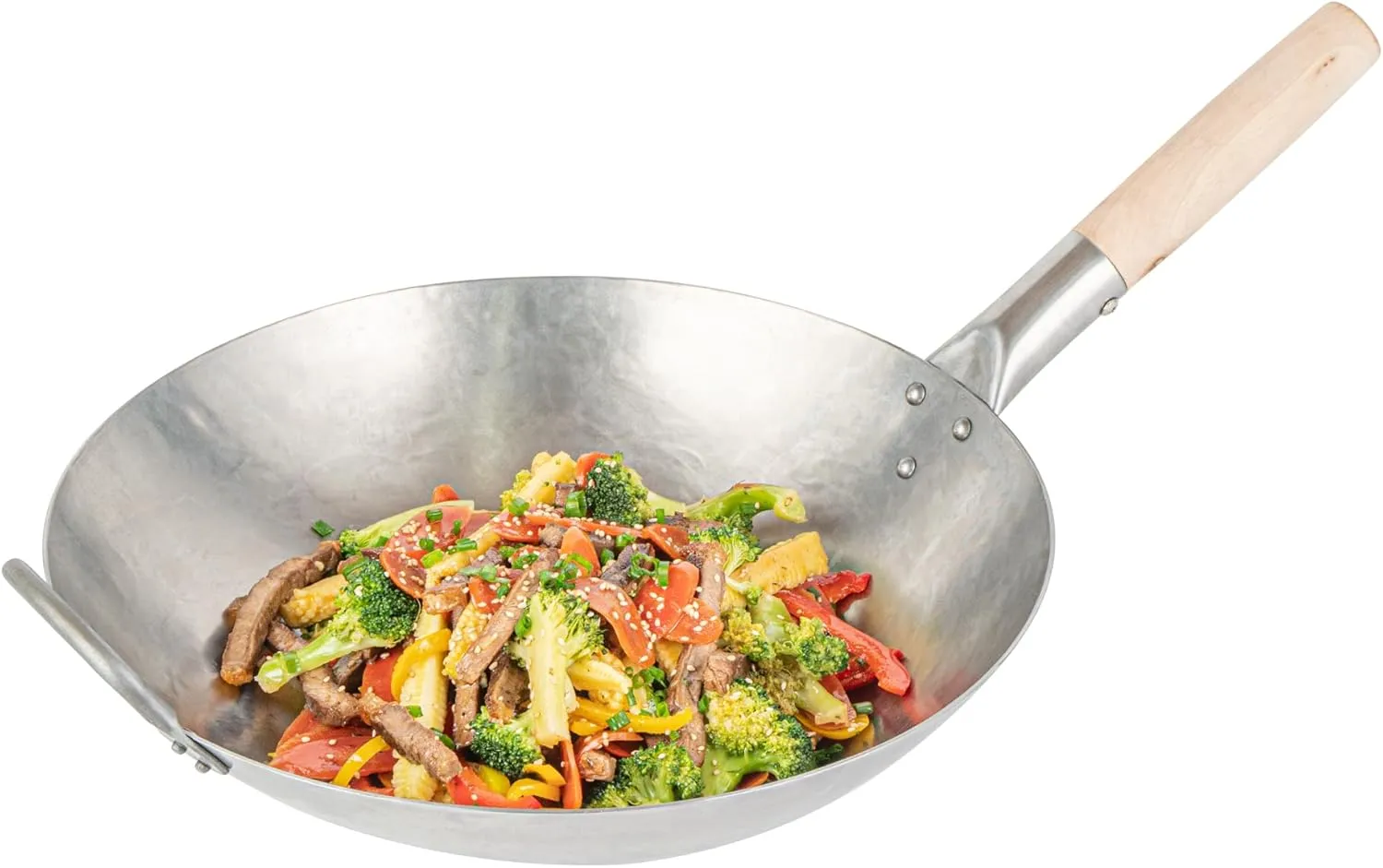 Motomori 14 Inch Hand-Hammered Carbon Steel Wok, 1 Traditional Japanese Wok - Round Bottom, Wooden Handle, Black Carbon Steel Traditional Stir Fry Pan, With Helper Handle - Restaurantware