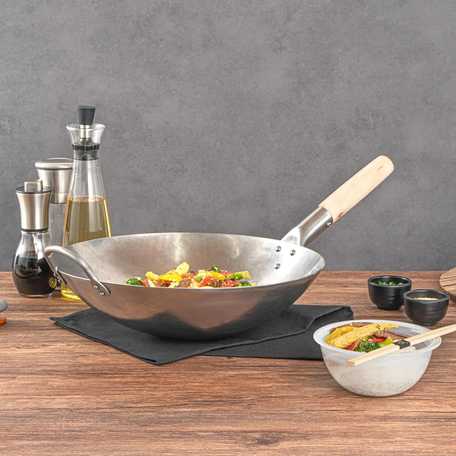 Motomori 14 Inch Hand-Hammered Carbon Steel Wok, 1 Traditional Japanese Wok - Round Bottom, Wooden Handle, Black Carbon Steel Traditional Stir Fry Pan, With Helper Handle - Restaurantware