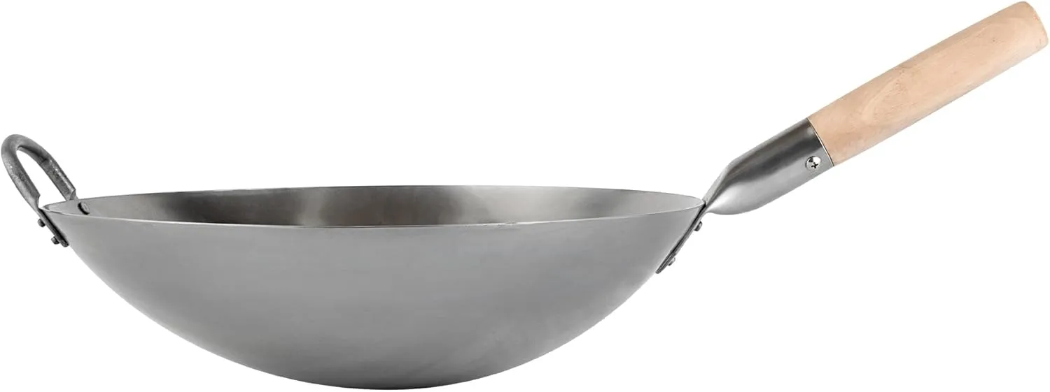 Motomori 14 Inch Hand-Hammered Carbon Steel Wok, 1 Traditional Japanese Wok - Round Bottom, Wooden Handle, Black Carbon Steel Traditional Stir Fry Pan, With Helper Handle - Restaurantware