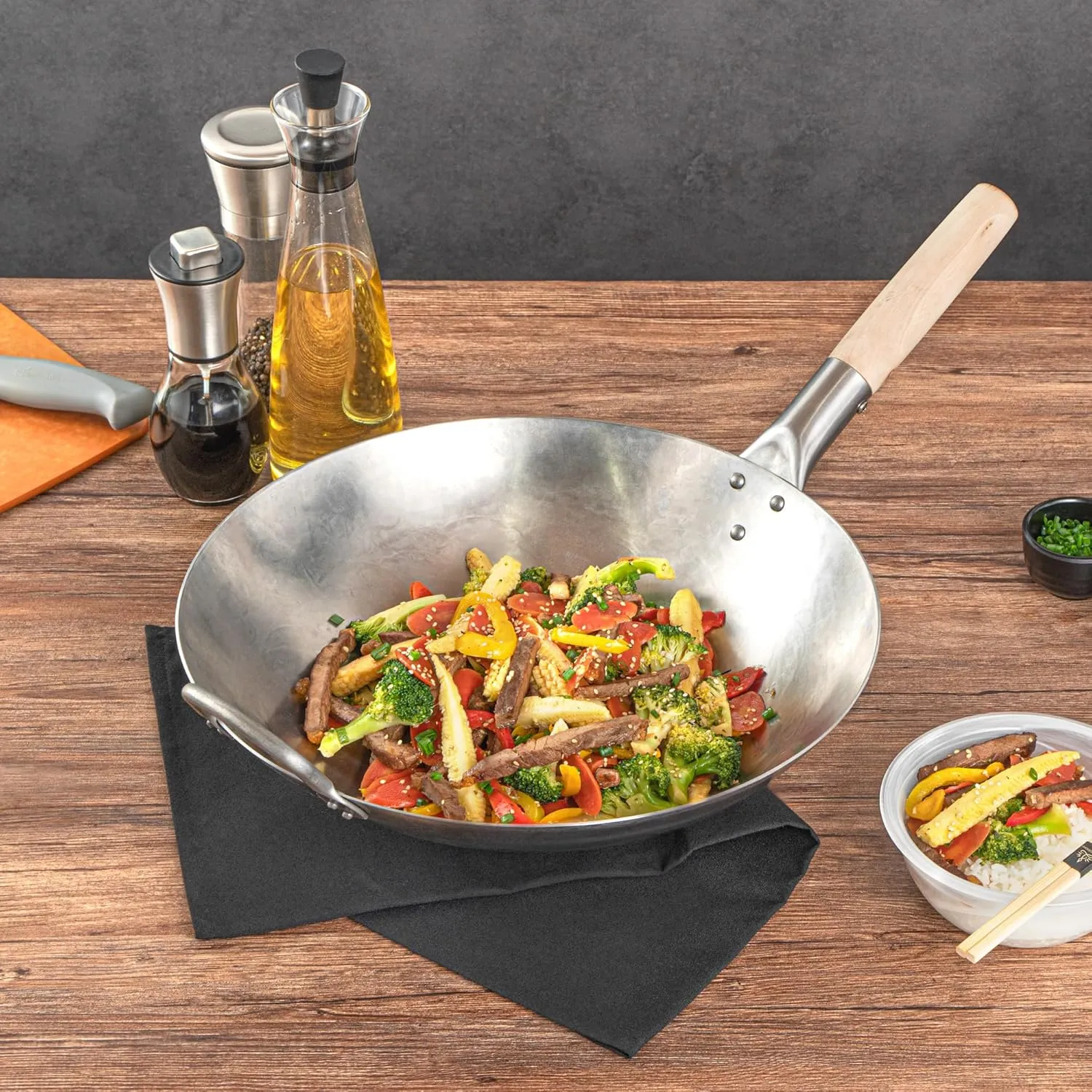 Motomori 14 Inch Hand-Hammered Carbon Steel Wok, 1 Traditional Japanese Wok - Round Bottom, Wooden Handle, Black Carbon Steel Traditional Stir Fry Pan, With Helper Handle - Restaurantware