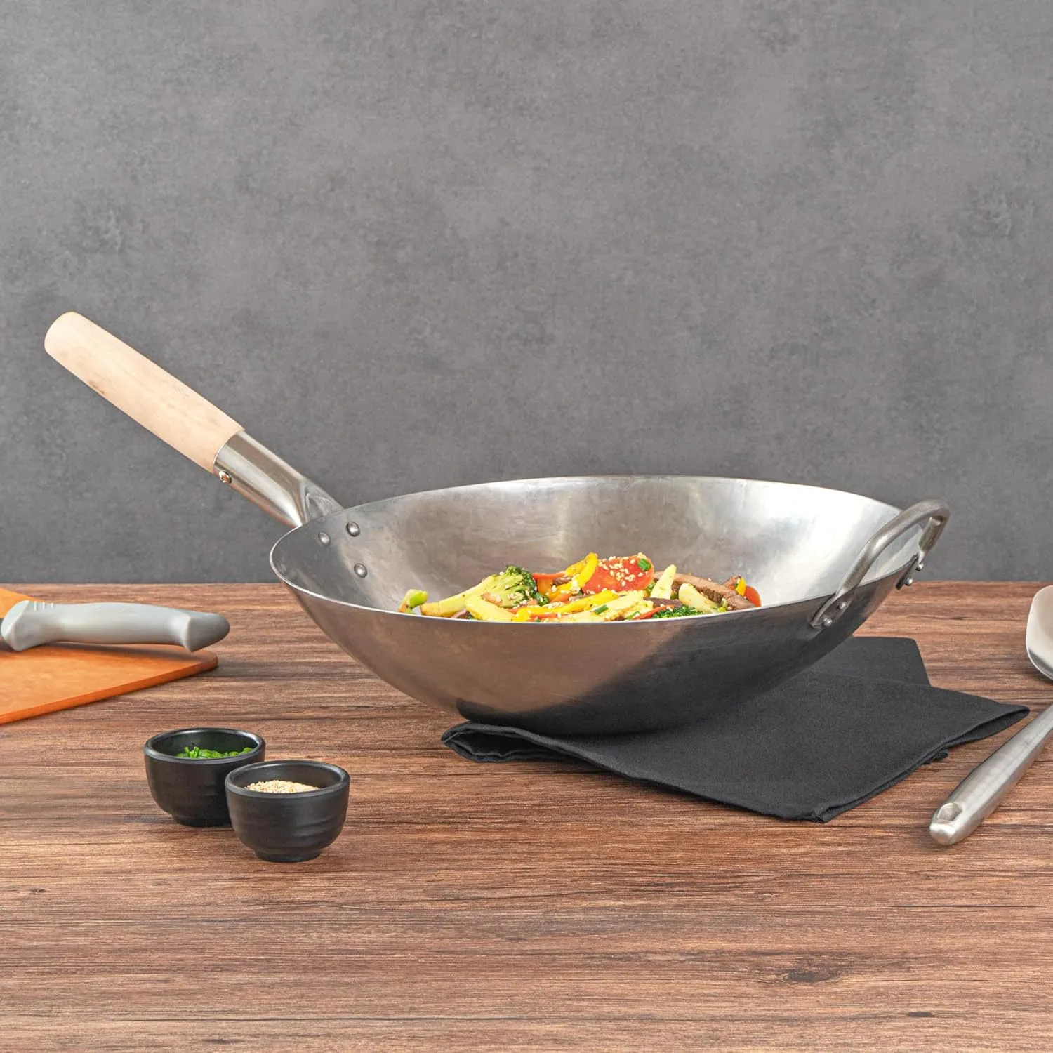 Motomori 14 Inch Hand-Hammered Carbon Steel Wok, 1 Traditional Japanese Wok - Round Bottom, Wooden Handle, Black Carbon Steel Traditional Stir Fry Pan, With Helper Handle - Restaurantware