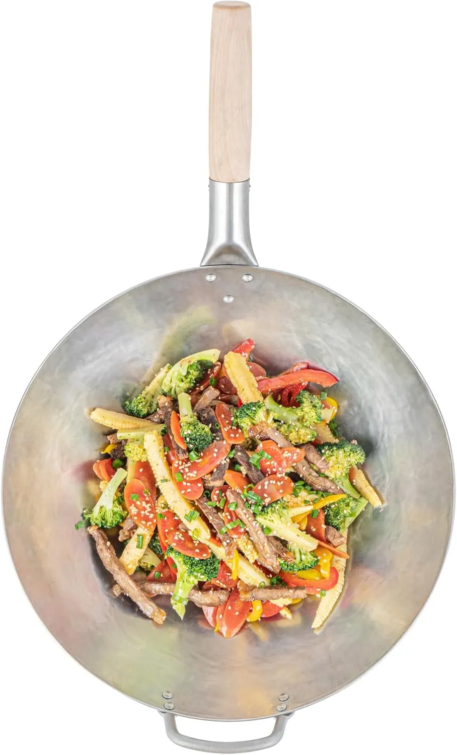 Motomori 14 Inch Hand-Hammered Carbon Steel Wok, 1 Traditional Japanese Wok - Round Bottom, Wooden Handle, Black Carbon Steel Traditional Stir Fry Pan, With Helper Handle - Restaurantware