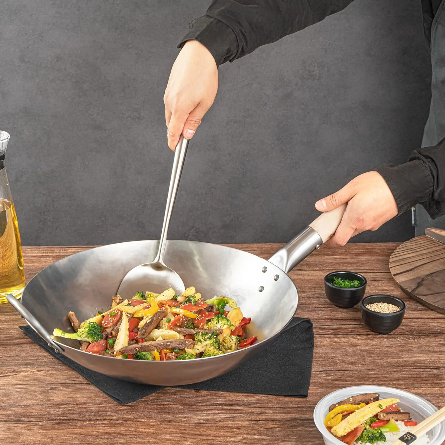 Motomori 14 Inch Hand-Hammered Carbon Steel Wok, 1 Traditional Japanese Wok - Round Bottom, Wooden Handle, Black Carbon Steel Traditional Stir Fry Pan, With Helper Handle - Restaurantware