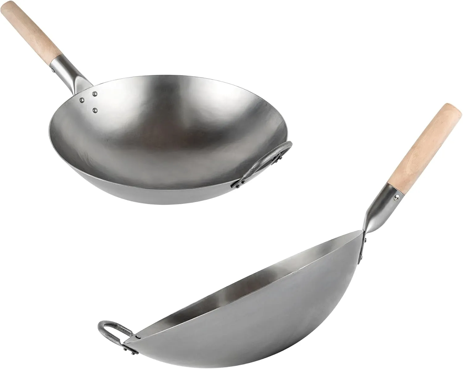 Motomori 14 Inch Hand-Hammered Carbon Steel Wok, 1 Traditional Japanese Wok - Round Bottom, Wooden Handle, Black Carbon Steel Traditional Stir Fry Pan, With Helper Handle - Restaurantware