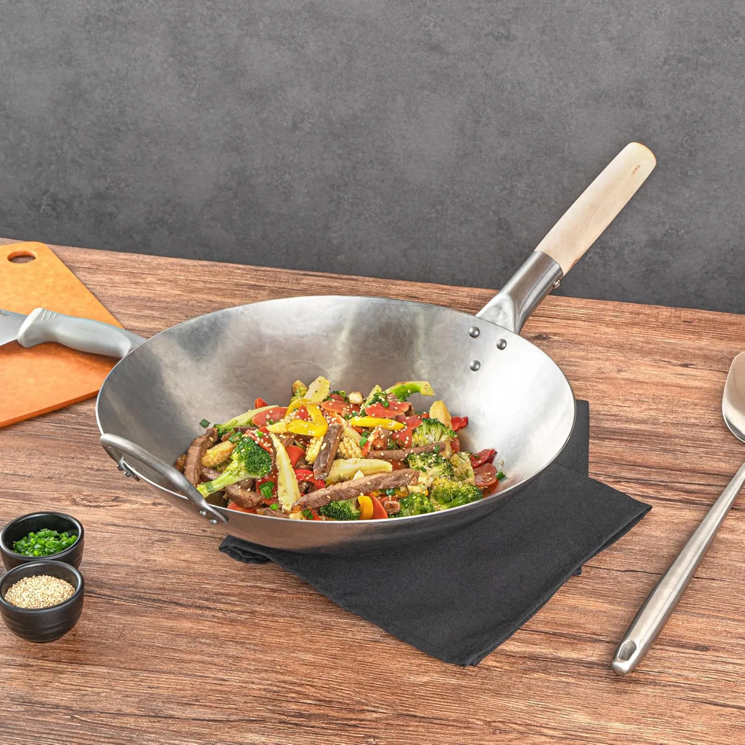 Motomori 14 Inch Hand-Hammered Carbon Steel Wok, 1 Traditional Japanese Wok - Round Bottom, Wooden Handle, Black Carbon Steel Traditional Stir Fry Pan, With Helper Handle - Restaurantware