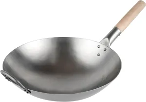 Motomori 14 Inch Hand-Hammered Carbon Steel Wok, 1 Traditional Japanese Wok - Round Bottom, Wooden Handle, Black Carbon Steel Traditional Stir Fry Pan, With Helper Handle - Restaurantware