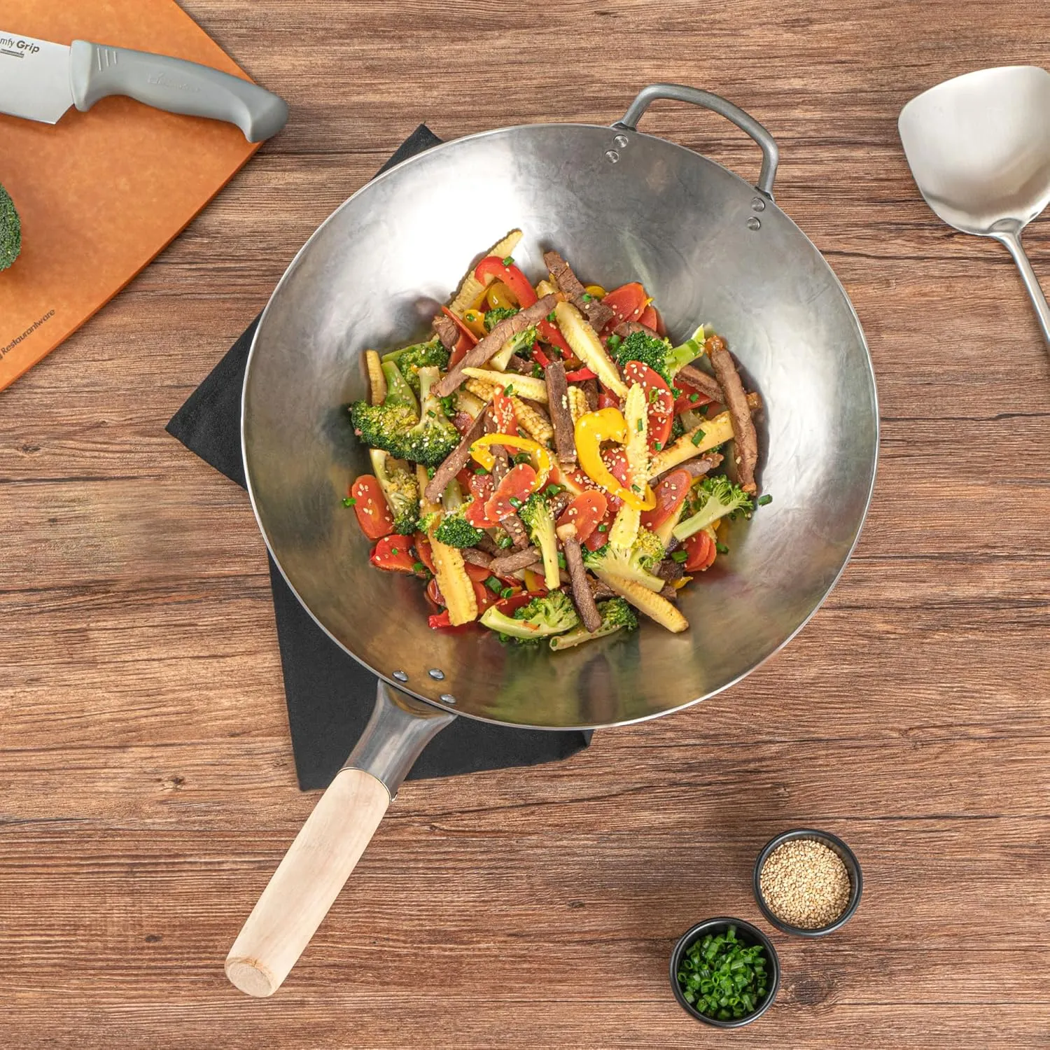 Motomori 14 Inch Hand-Hammered Carbon Steel Wok, 1 Traditional Japanese Wok - Round Bottom, Wooden Handle, Black Carbon Steel Traditional Stir Fry Pan, With Helper Handle - Restaurantware