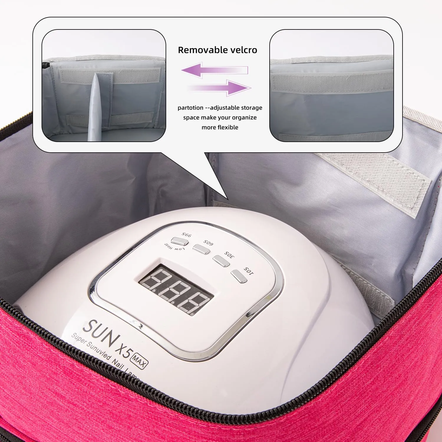 Nail Polish Carrying Case with UV LED Nail Lamp Compartment - Holds 30 Bottles, Double-layer Nail Light Storage Bag for Nail Dryer, Rose-Pink (BAG ONLY)