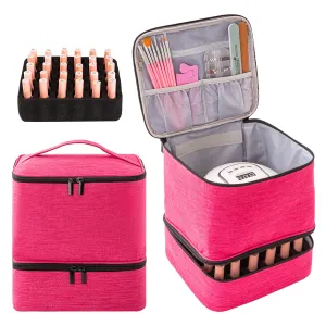 Nail Polish Carrying Case with UV LED Nail Lamp Compartment - Holds 30 Bottles, Double-layer Nail Light Storage Bag for Nail Dryer, Rose-Pink (BAG ONLY)