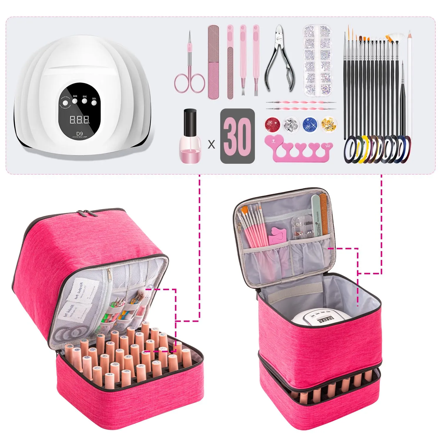 Nail Polish Carrying Case with UV LED Nail Lamp Compartment - Holds 30 Bottles, Double-layer Nail Light Storage Bag for Nail Dryer, Rose-Pink (BAG ONLY)