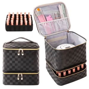 Nail Polish Organizer Bag Holds 30 Bottles & Nail Lamp Gel Nail Polish Storage Organizers for Nail Tech Carrying Case Manicure Kit Supplies Bag (Checkerboard Black)