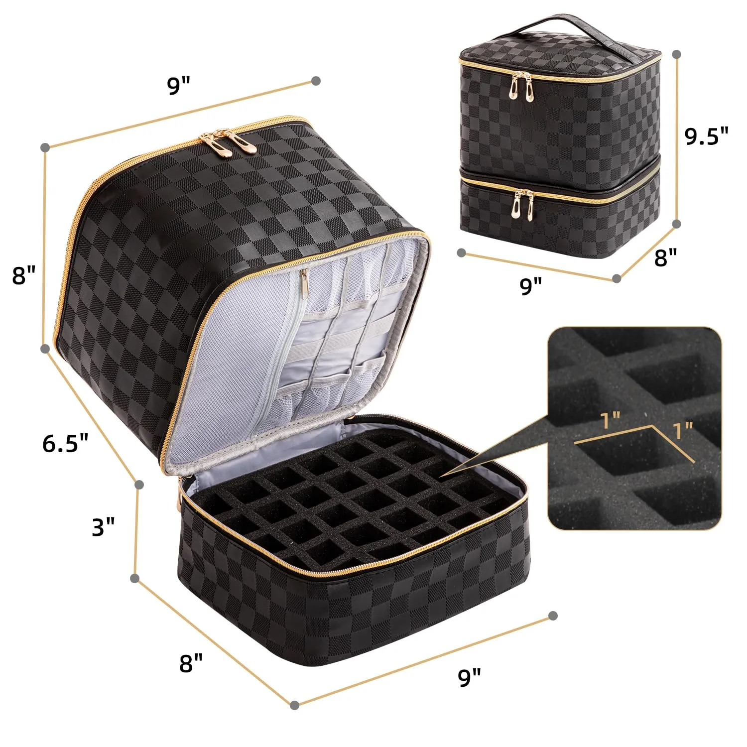 Nail Polish Organizer Bag Holds 30 Bottles & Nail Lamp Gel Nail Polish Storage Organizers for Nail Tech Carrying Case Manicure Kit Supplies Bag (Checkerboard Black)
