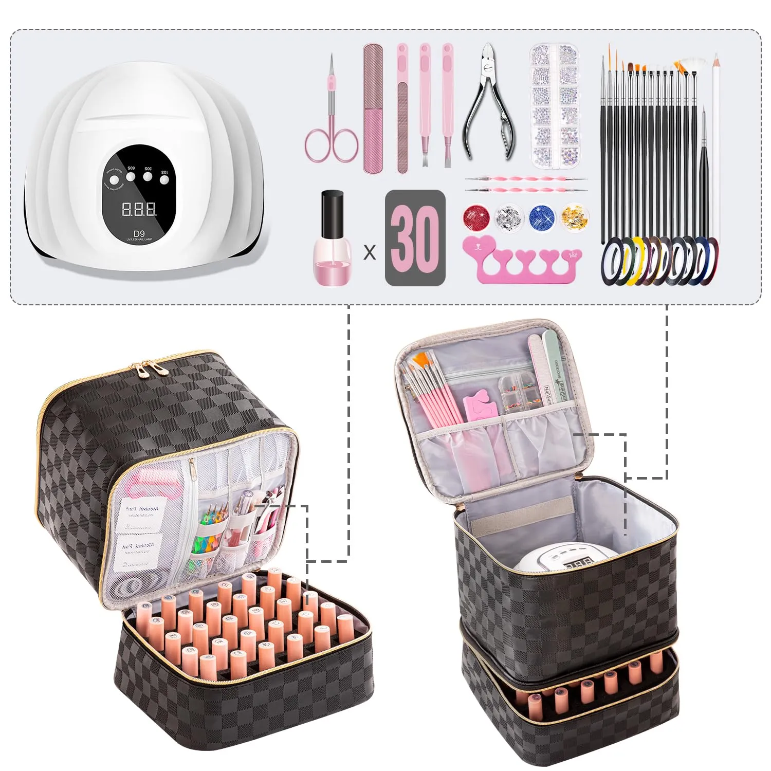 Nail Polish Organizer Bag Holds 30 Bottles & Nail Lamp Gel Nail Polish Storage Organizers for Nail Tech Carrying Case Manicure Kit Supplies Bag (Checkerboard Black)
