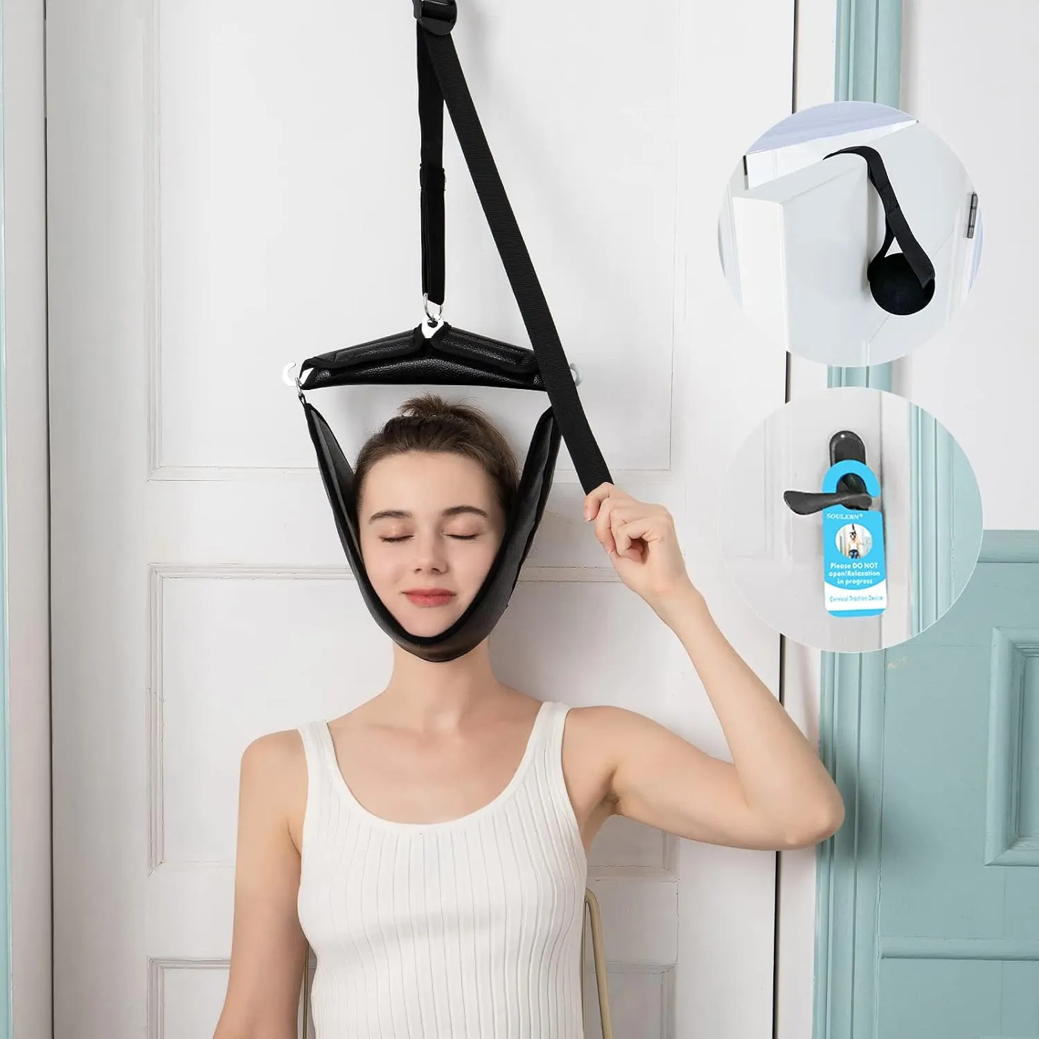 Neck Stretcher Cervical Traction Device for Home Use - Portable Neck Traction Device for Neck Pain - Over The Door Cervical Neck Traction Device for Decompression Home Physical Therapy, Black