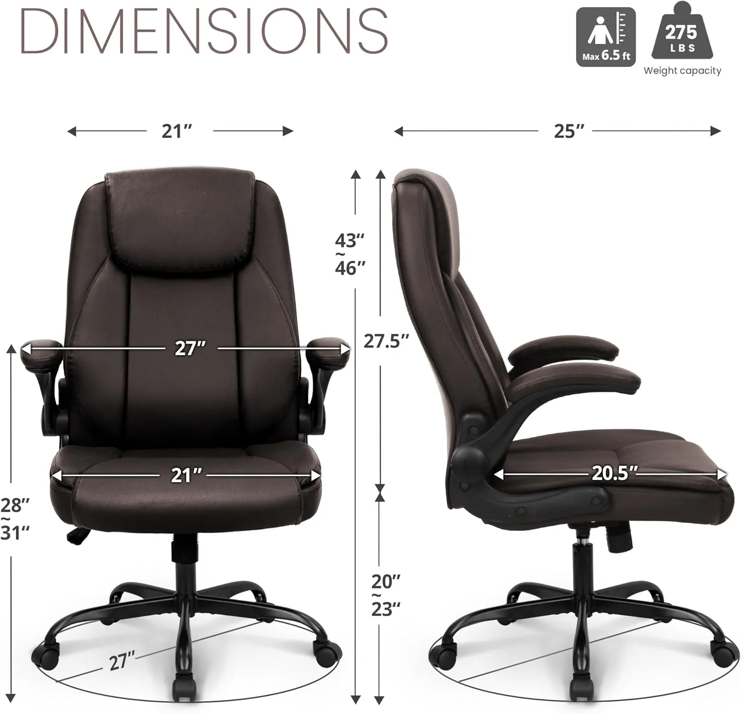 NEO CHAIR Ergonomic Office Chair PU Leather Executive High Back Computer Desk Chair Adjustable Height Flip-up Armrests Lumbar Support Swivel Rolling Wheels Comfy for Home Gaming (Brown)