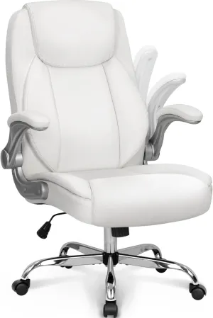 NEO CHAIR Ergonomic Office Chair PU Leather Executive High Back Computer Desk Chair Adjustable Height Flip-up Armrests Lumbar Support Swivel Rolling Wheels Comfy for Home Gaming (White)