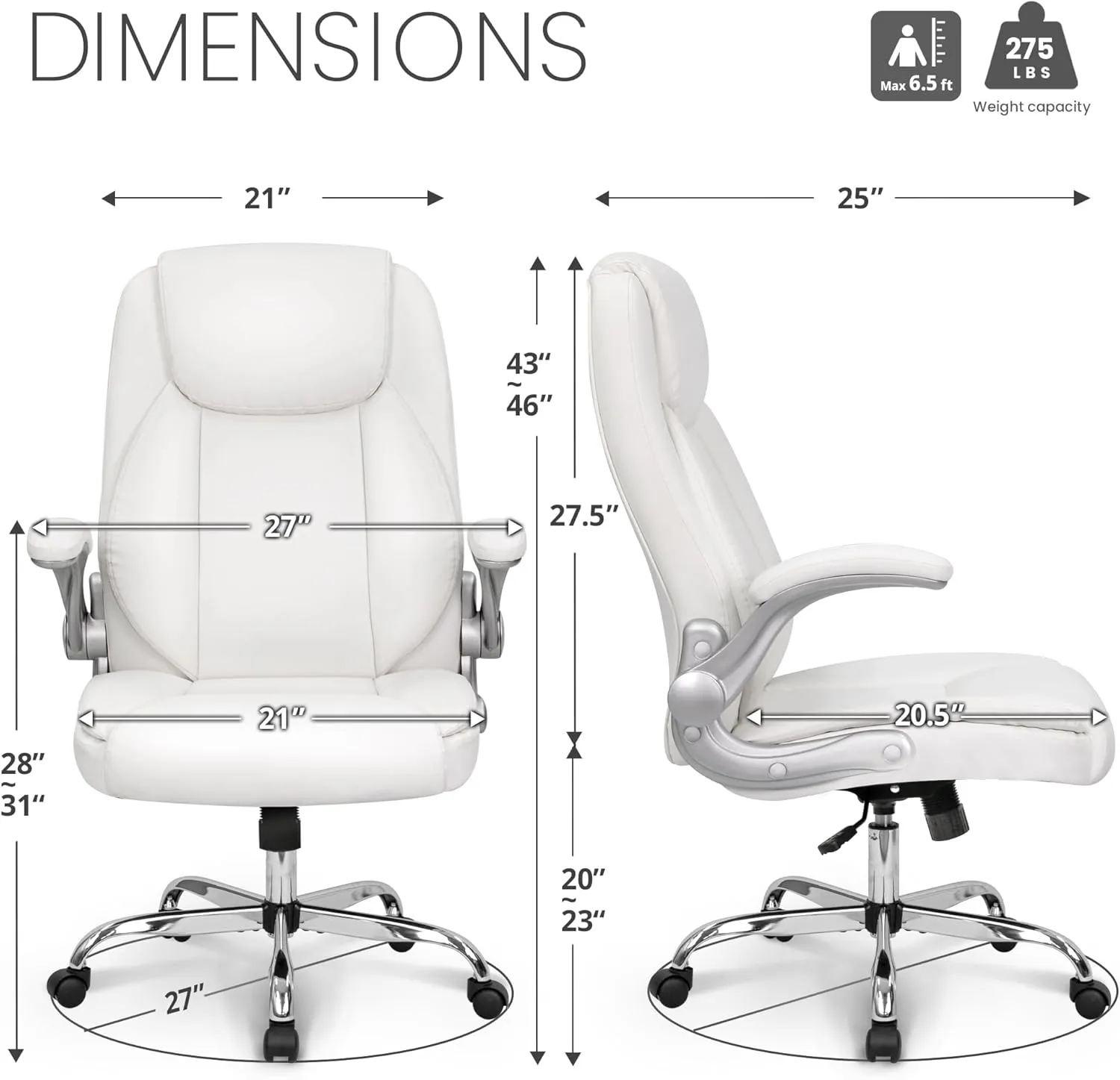 NEO CHAIR Ergonomic Office Chair PU Leather Executive High Back Computer Desk Chair Adjustable Height Flip-up Armrests Lumbar Support Swivel Rolling Wheels Comfy for Home Gaming (White)