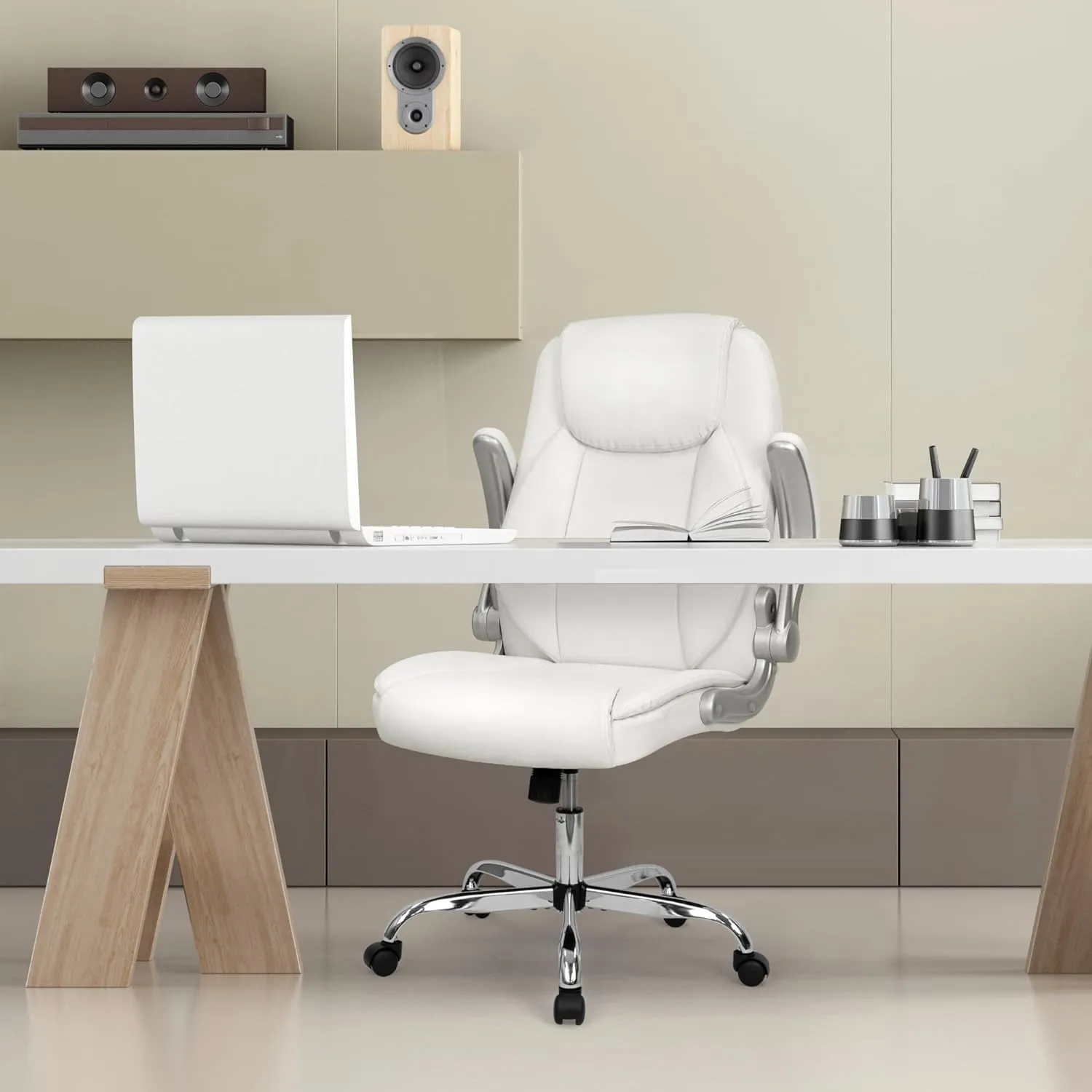 NEO CHAIR Ergonomic Office Chair PU Leather Executive High Back Computer Desk Chair Adjustable Height Flip-up Armrests Lumbar Support Swivel Rolling Wheels Comfy for Home Gaming (White)