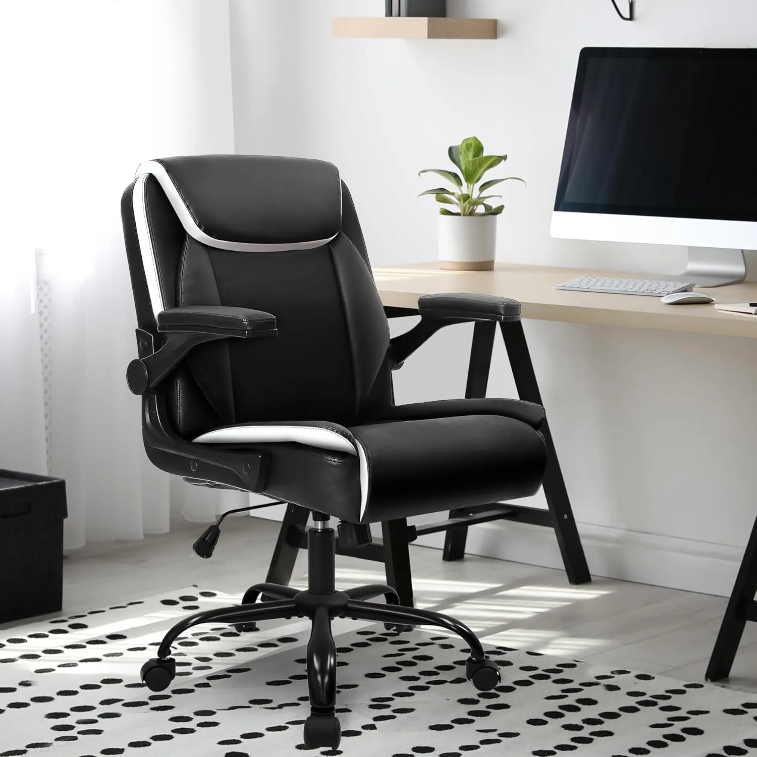 NEO CHAIR Office Desk Computer Chair Ergonomic Executive Mid-Back Leather Gaming Chair with Adjustable Flip-Up Armrests Wheels Swivel for Home Study Task (Black)