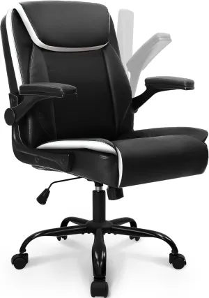NEO CHAIR Office Desk Computer Chair Ergonomic Executive Mid-Back Leather Gaming Chair with Adjustable Flip-Up Armrests Wheels Swivel for Home Study Task (Black)