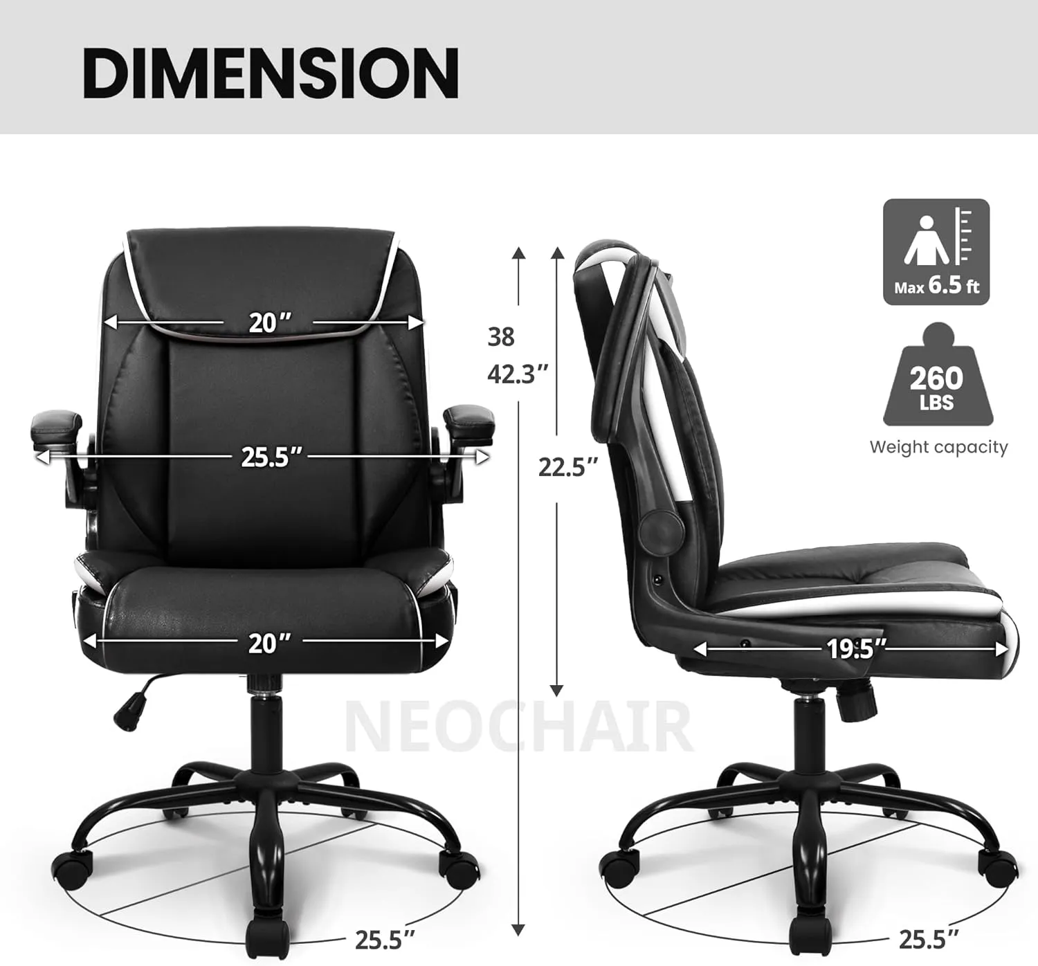 NEO CHAIR Office Desk Computer Chair Ergonomic Executive Mid-Back Leather Gaming Chair with Adjustable Flip-Up Armrests Wheels Swivel for Home Study Task (Black)