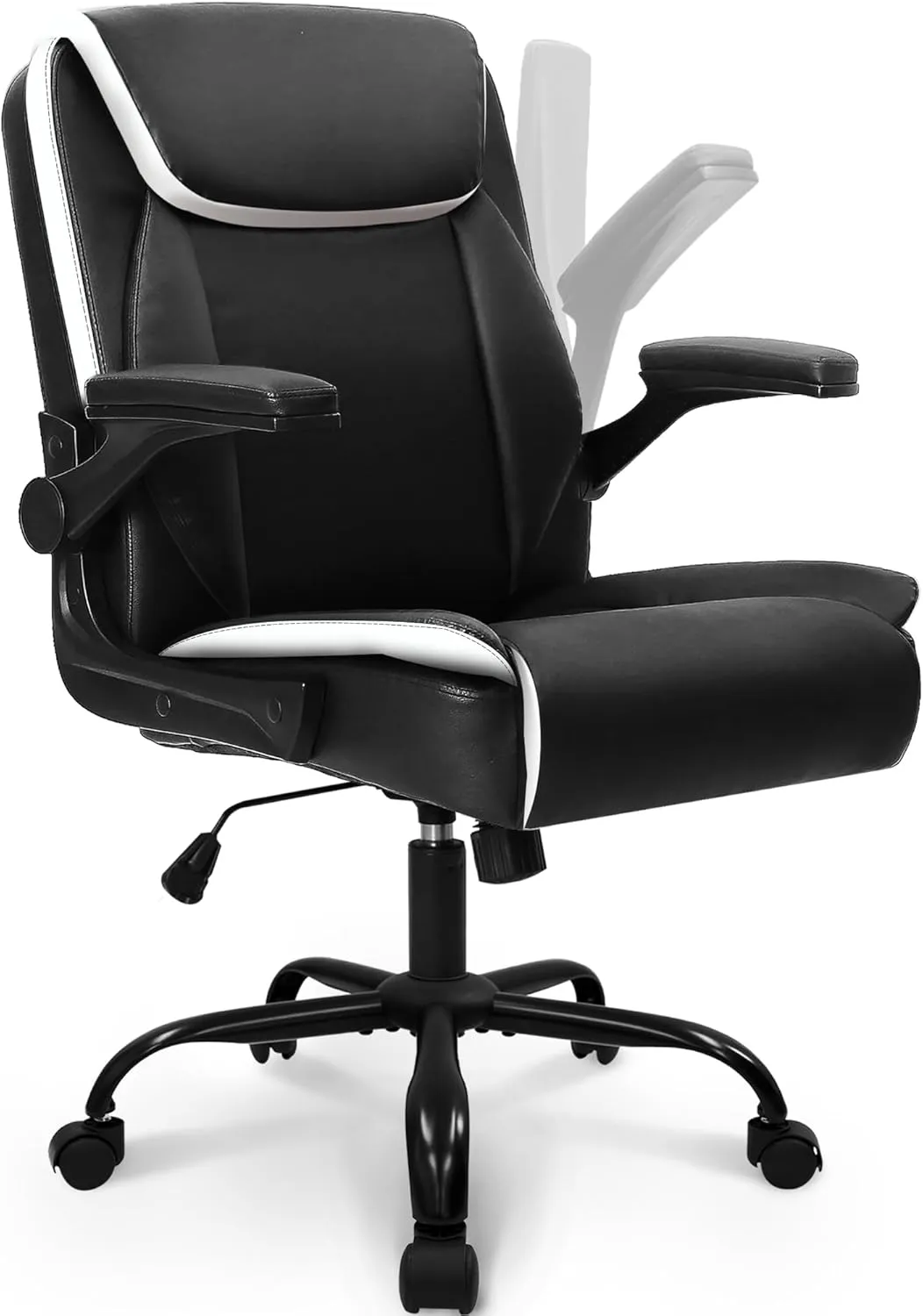 NEO CHAIR Office Desk Computer Chair Ergonomic Executive Mid-Back Leather Gaming Chair with Adjustable Flip-Up Armrests Wheels Swivel for Home Study Task (Black)